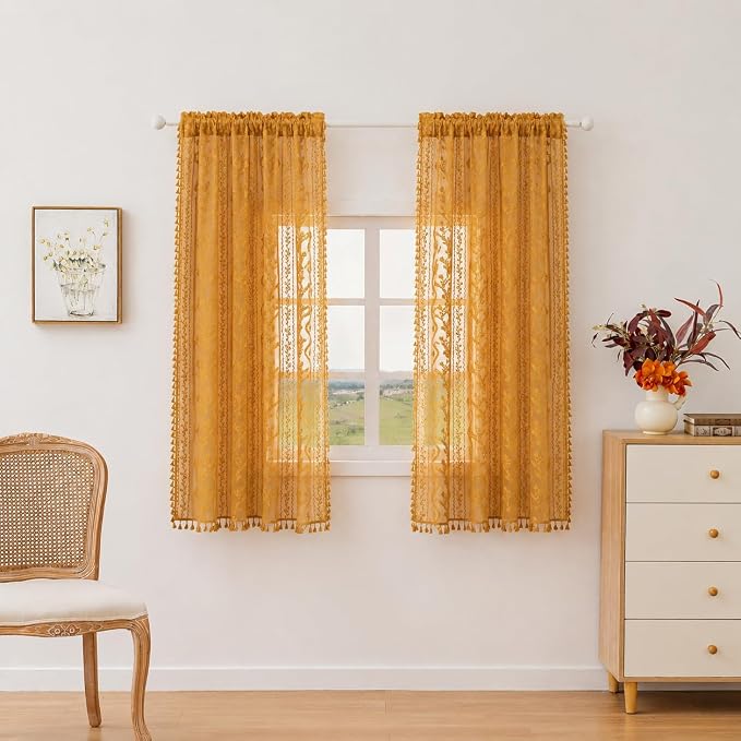 WAZZIO Boho Lace Curtains 2 Panels 63 Inch -Victorian Sheer Panel Drape French - Image 2