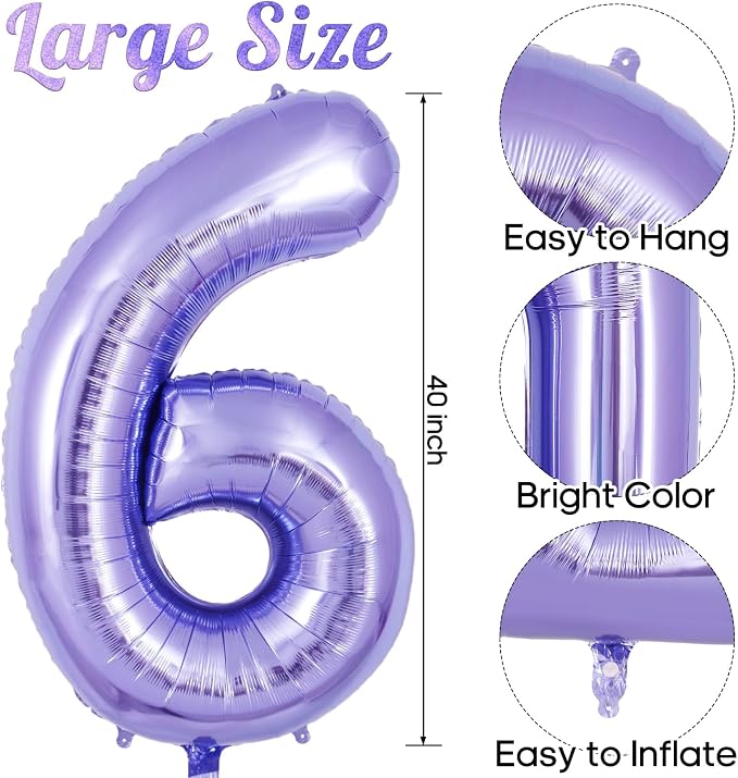 Purple Number 6 Balloon 40 Inch, Big Large Foil Helium Number Balloons - Image 3