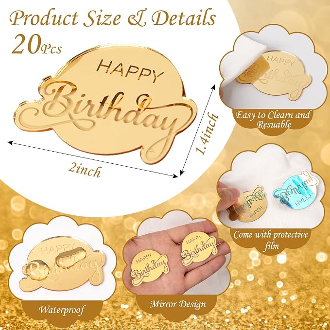 20pcs Gold Birthday Cupcake Toppers Acrylic Cake Picks - Image 2