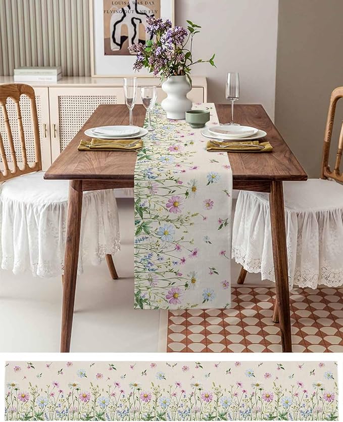 Vintage Wildflowers Cotton Linen Table Runner for Dining Kitchen, Wedding Outdoor Party Tablerunners Decoration, Farm Floral Pink Botanical Plants Dresser Scarf Coffee Tablecloth Runners 13x72 Inches