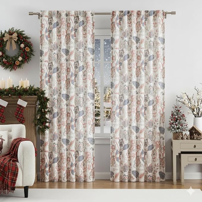 Kayne Studio Navy Red Jacobean Floral Rod Pocket Semi Sheer Curtains 84Inch | - Image 8