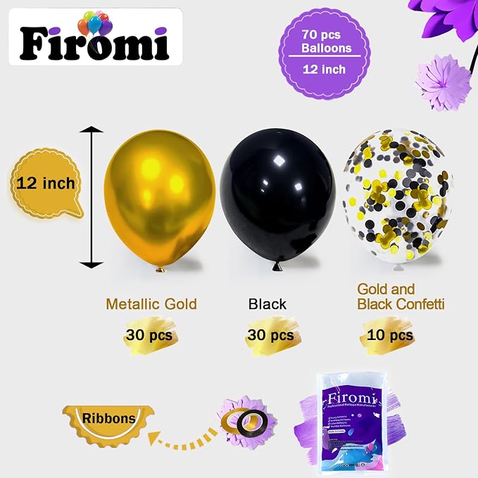 Firomi Metallic Chrome Gold Black Balloons 12 Inch 70 pack | Latex Black and - Image 2