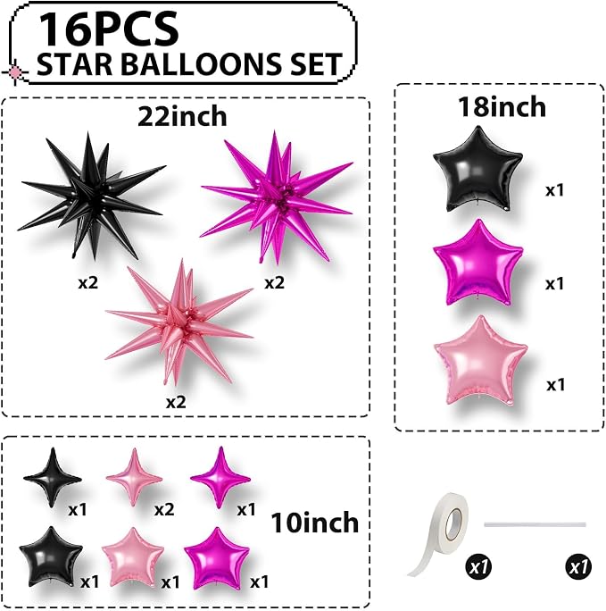 Black Hot Pink Star Balloons, 22/18/10 Inch Foil Balloons, Four-Pointed Balloon - Image 2