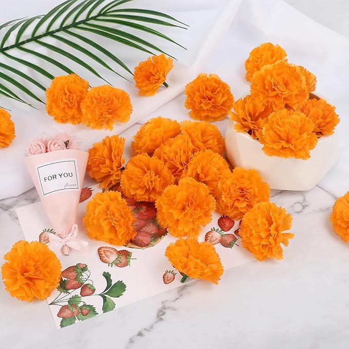 30 Pcs Artificial Marigold Flowers,2" Silk Marigold Flower Heads with Stems,Orange Flowers Artificial for Diwali Decor,Indian Wedding,Home,DIY Wreath Garland,Day of The Dead Decorations