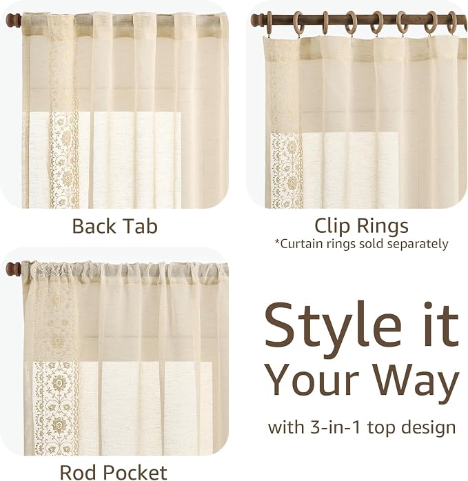 jinchan Floral Sheer Linen Curtains, Back Tab 50x96 Inch, 2 Panels Ivory | Semi - Image 6