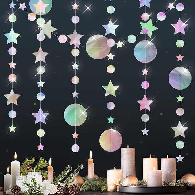 Star Circle Dot Hanging Garlands, Holographic Twinkle Stars Garlands Iridescent by KINYFY
