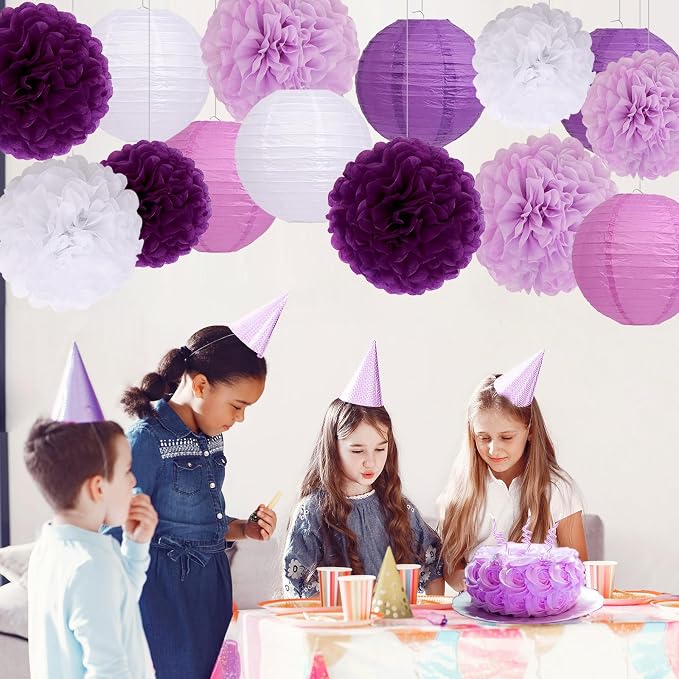 Purple Birthday Party Decorations Paper Lanterns and Pom Poms 15pcs Set | Baby - Image 2