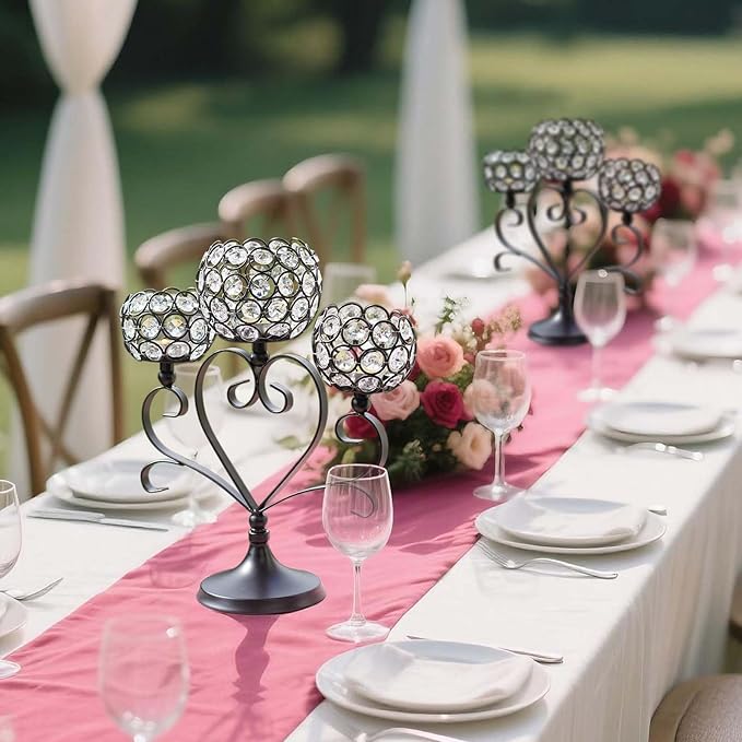 2 Pcs 3-Arm Heart Tea Light Candle Holder - Crystal & Metal Wedding Centerpiece Decor, Sparkling Table Decor for Anniversaries/Romantic Tabletop Home/Dinner Party/Events (2, Black)