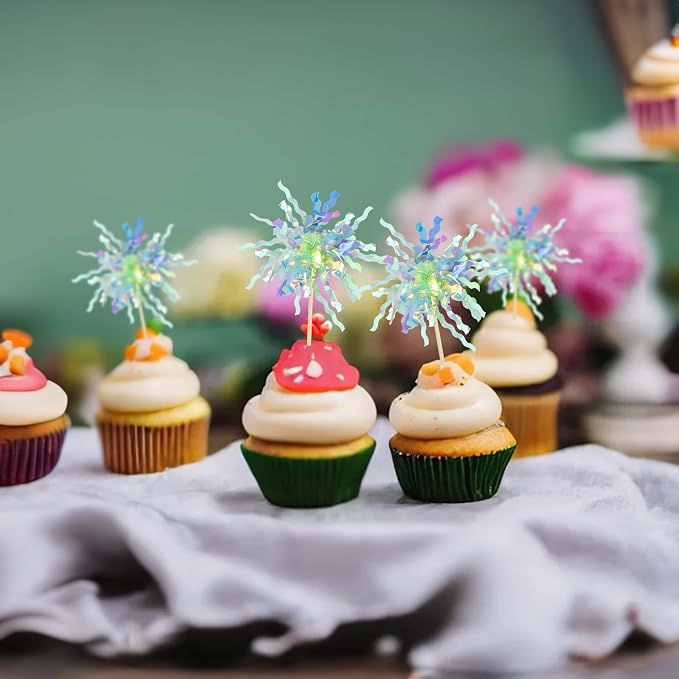 Gyufise 30Pcs Foil Firework Cupcake Toppers Sparkle Tinsel Cake Toppers Tinsel - Image 6