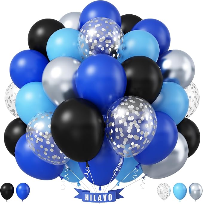Blue Black Balloons 60 Pcs Royal Blue Black and Metallic Silver Confetti by HILAVO