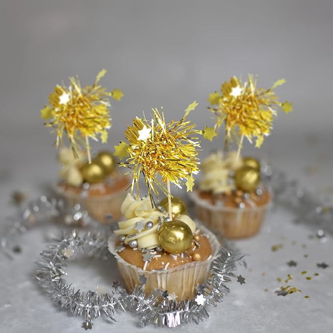 Gyufise 30Pcs Star Foil Firework Cupcake Toppers Sparkle Tinsel Cake Toppers - Image 4