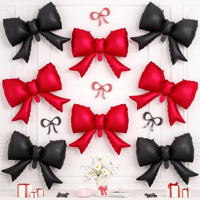 8Pcs Black Red Bow Foil Balloons, 21Inch Black and Red Bow Shaped Balloons by Hapmori