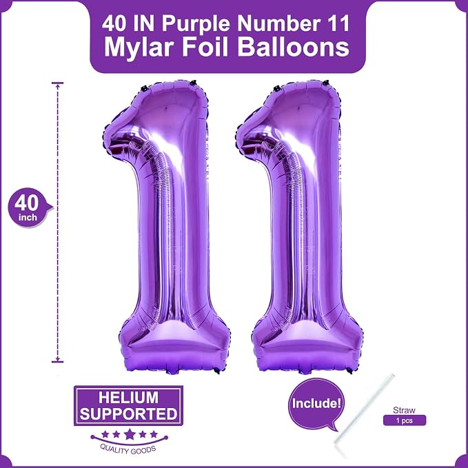 Number 11 Purple Balloons 40 Inch Giant Purple Foil 11 Helium Balloons - Image 2