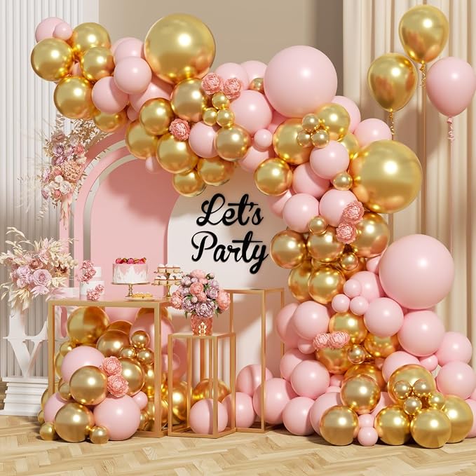 Pink and Gold Balloon Arch Kit, 18 12 10 5 Inch Different Size Balloons by ADOINBY