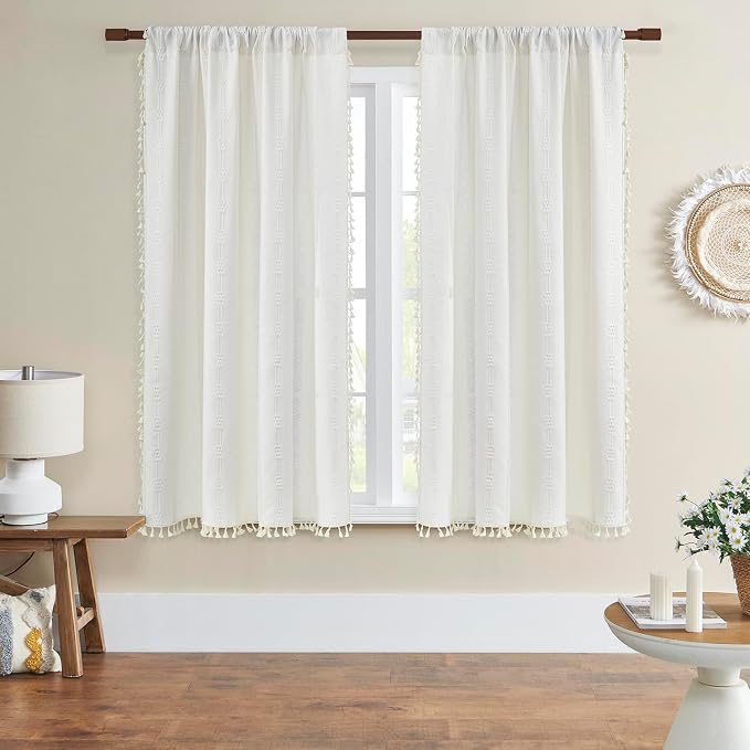 Boho Curtains for Bedroom Embroidery Striped Farmhouse Curtains 63 Inch Length - Image 2