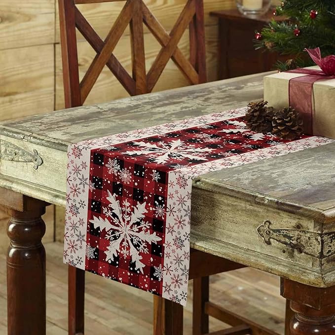 Buffalo Plaid Christmas Cotton Linen Table Runner for Dining Kitchen, Snowflake Red Black Check Wedding Outdoor Party Tablerunner Decoration, Retro Dresser Scarf Coffee Tablecloth Runners 13x90 Inches
