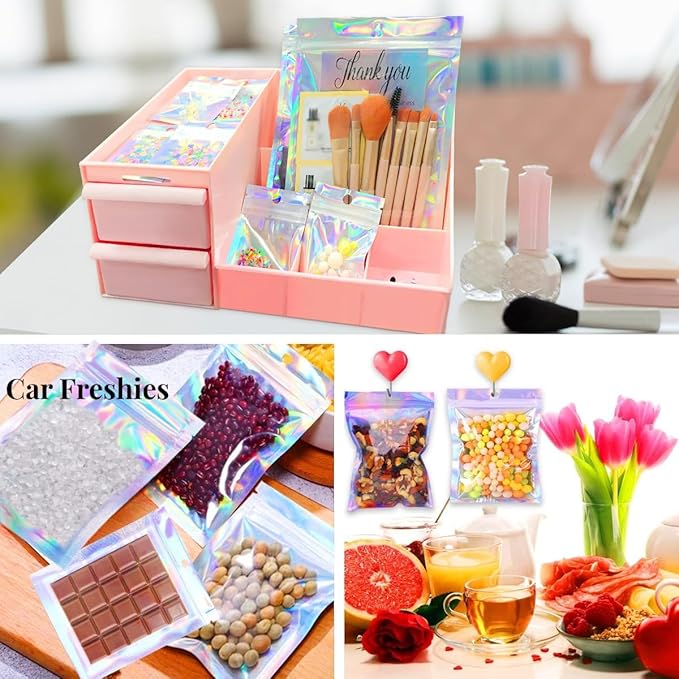 Smell Proof Bags & Resealable Foil Pouch Mylar Sample Bag Great for Party Favor Food Storage (Holographic Color) (50pcs-6x9 inch)