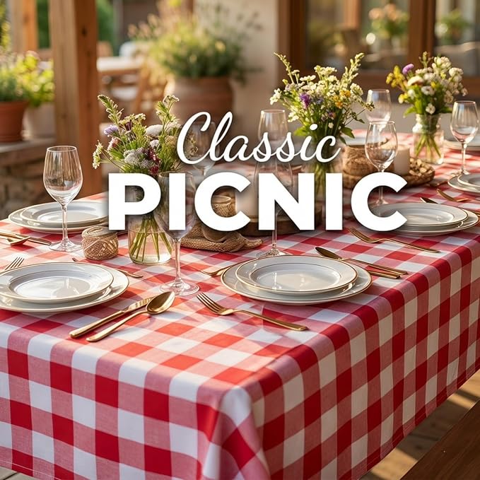ShinyBeauty Gingham Square Tablecloth 54x54 Red and White Cotton Plaid | - Image 4