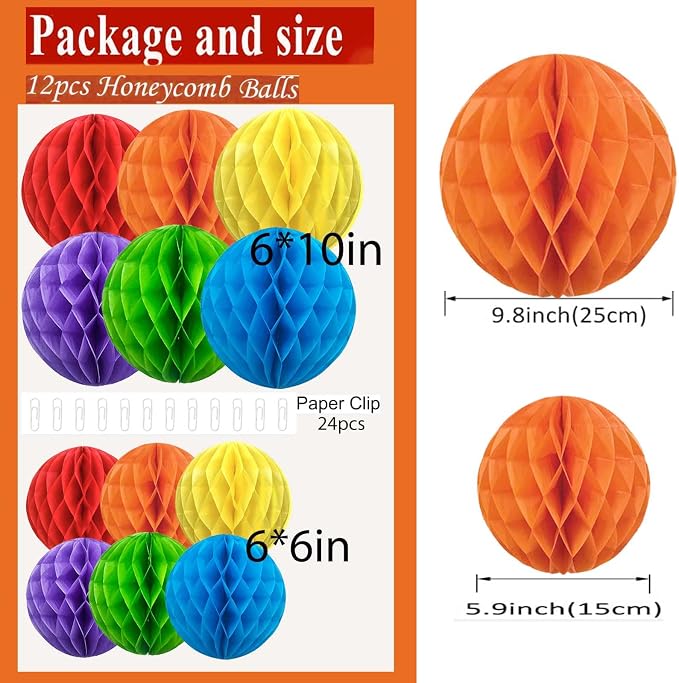 Rainbow Paper Honeycomb Balls, 6 and 10 inch Hanging Tissue Pompoms, 12 Pack - Image 2