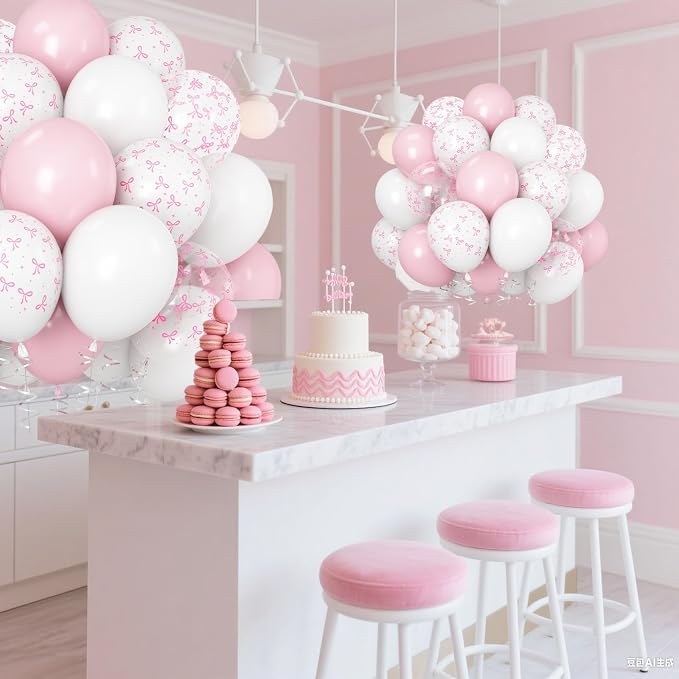 Pink Bow Balloons Light Pink and White Balloon 12inch Clear Bow Balloons - Image 5