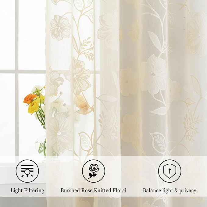 Beige Lace Sheer Curtains for Bedroom Living Room 95 Inch Length Light - Image 3