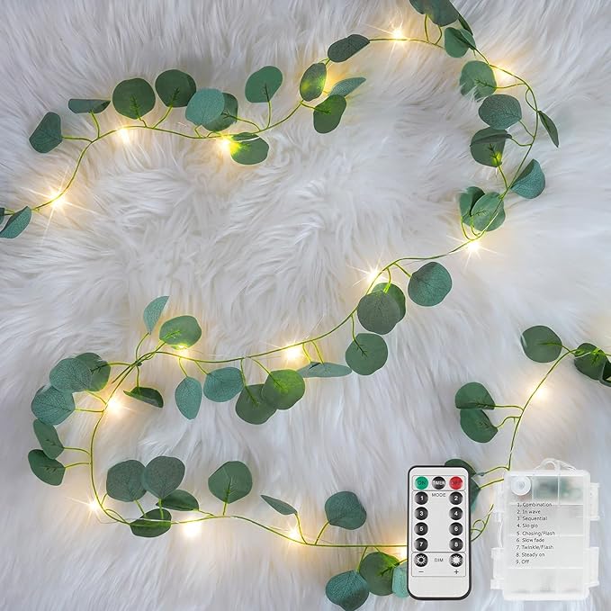 33FT Eucalyptus Garland String Lights Battery Operated Copper Wire | 100Led by SUDDUS