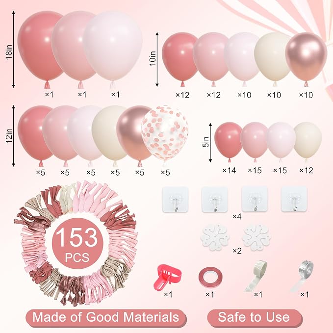 Amandir 153pcs Dusty Pink Balloon Garland Arch Kit Different Sizes | 18 12 10 5 - Image 3