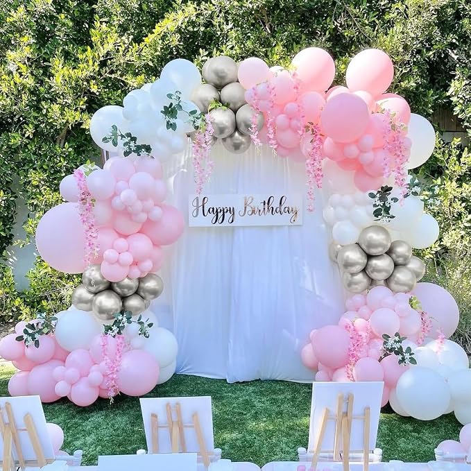 Pink White Silver Balloons Arch Kit - Image 8