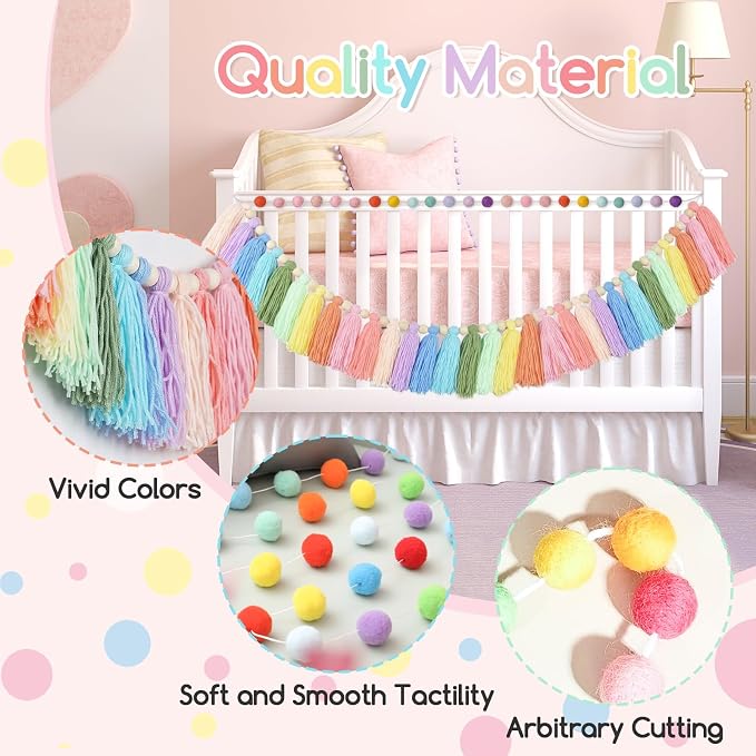 2pcs Longer Boho Tassel Garland, Pom Pom Tassel, Felt Ball Garland, Colorful - Image 4
