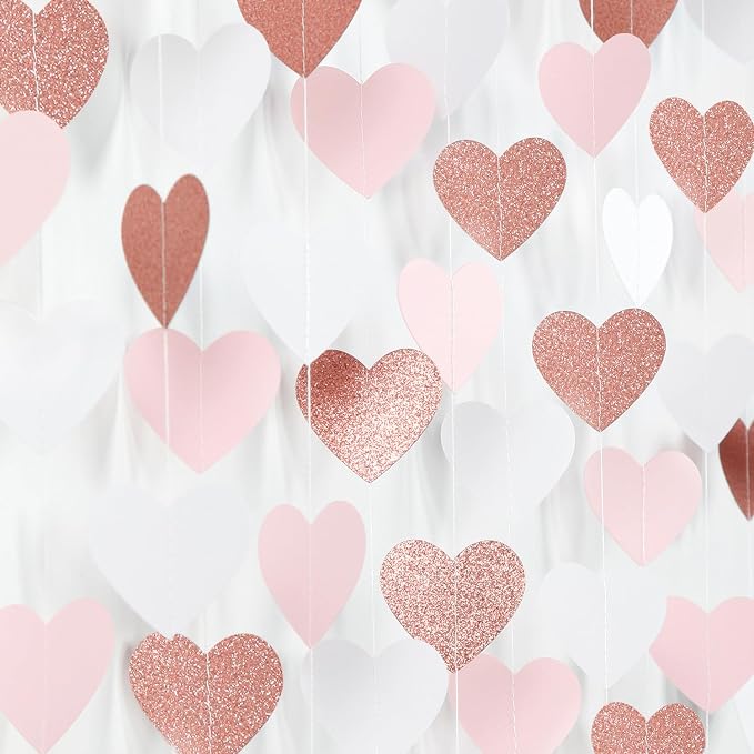 Pink-White Rose-Gold Valentines Party-Decorations Heart-Garland - 52ft by Burgleda