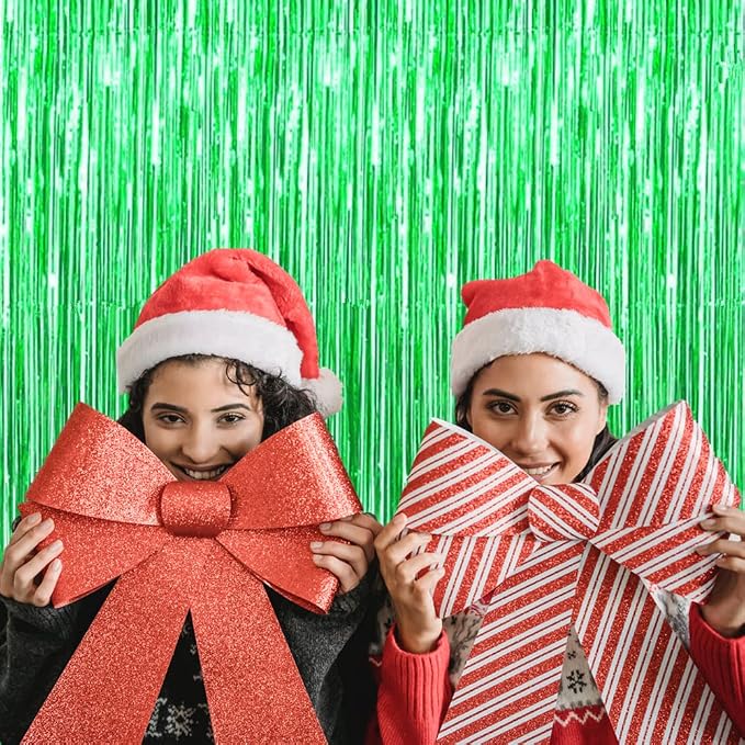 2 Pcs Green Metallic Tinsel Foil Fringe Curtains, 3.2ft x 8.2ft Photo Booth - Image 4