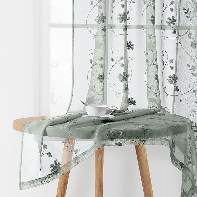 HOMEIDEAS Sage Green Sheer Curtains 96 Inches Long 2 Panels Embroidered Floral by HOMEIDEAS