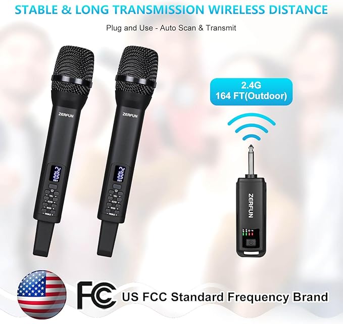 Dual Rechargeable Wireless Microphones, Pro Handheld Cordless Mics System with Echo Treble BASS VOL Control for Karaoke Singing Church Party, 1/4'' Output, Black