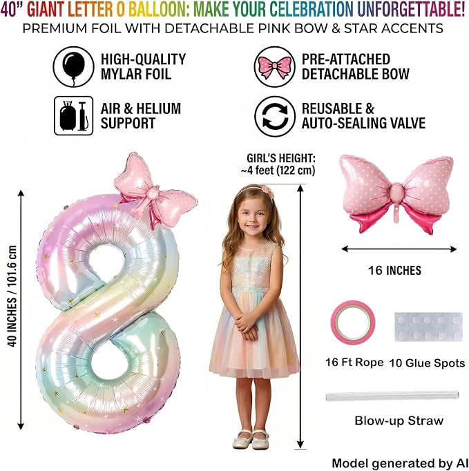 40 Inch Rainbow Number 8 Balloon Giant Foil Mylar Birthday Party Decor | - Image 2