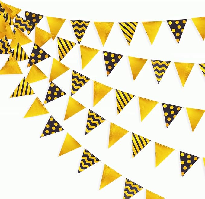 39 Ft Black Gold Triangle Pennant Banner Metallic Foil Polka Dot Stripe Paper by pinkblume
