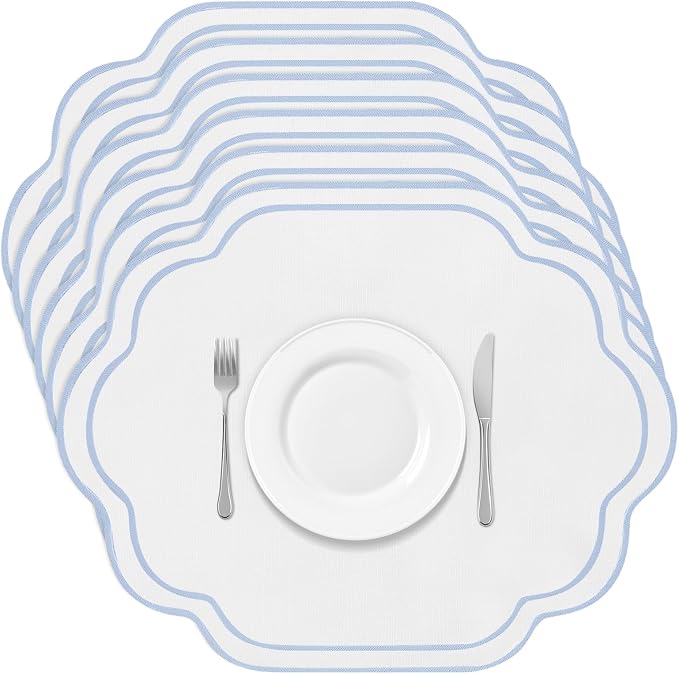 6Pcs Blue Cotton Wedding Placemats Scalloped Embroidered Placemats 17" x 13" by Breling