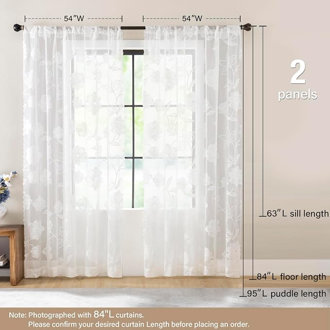 White Lace Sheer Curtains for Living Room 84inch Vintage Rose Botanical Floral - Image 9
