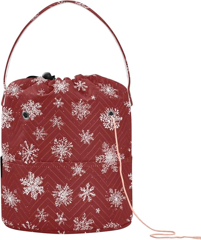 Red Christmas Snowflake Yarn Bag Small Crochet Bag Drawstring Yarn Storage by Tatenale