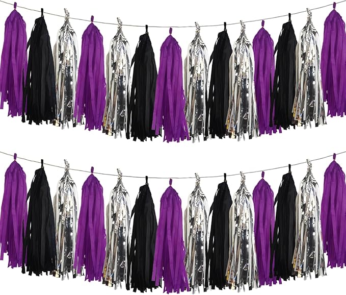 Purple Black and Silver Tassel Garland Banner, 20 Pack Paper Tassels Streamers by SIPRKAICT