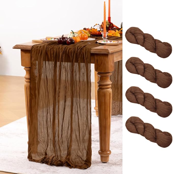 Brown Cheesecloth Table Runner Tan 4 Pack Fall Table Runners Boho Gauze 120 Inches Marron Cheese Cloth Fall Table Decorations for Thanksgiving Wedding Bridal Baby Shower Tea Party Decor