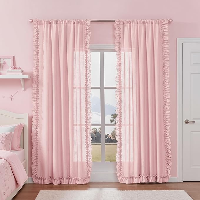 Blush Pink Linen Ruffled Curtains Girls Room 58 x 72 Inch, 2 Panels | Rod Pocket - Image 3