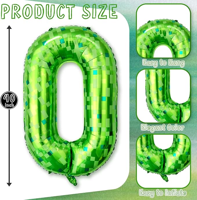 40 Inch Green Pixel Number 0 Balloon, Lime Green Large Foil Number Balloon - Image 3