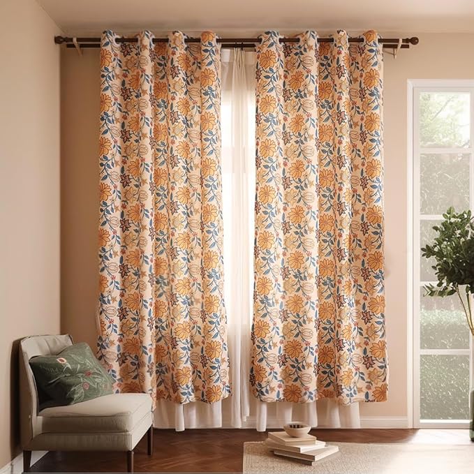 Designer Vintage Linen Printed Curtain, 2 Panels, kitchen Bedroom Living Room - Image 9