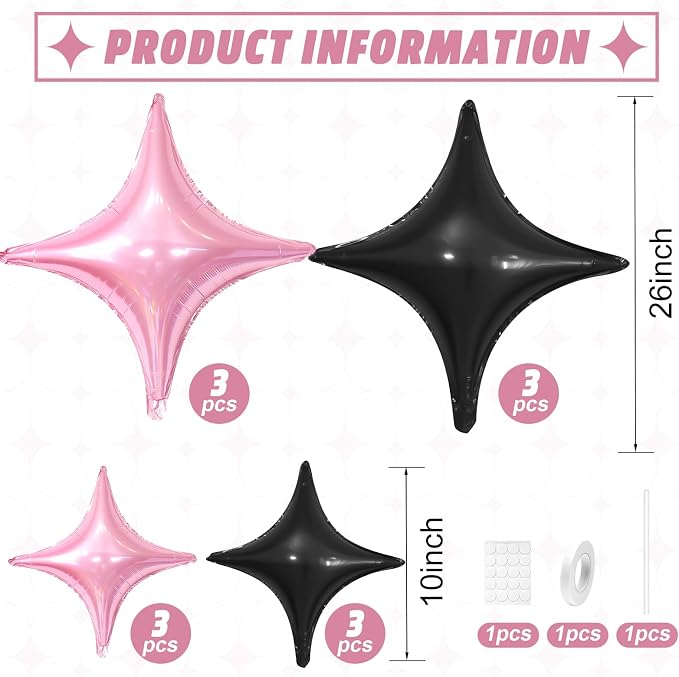 Pink Black Star Balloons, 26Inch and 10Inch Pink Black Quadrangle Helium Balloon - Image 2