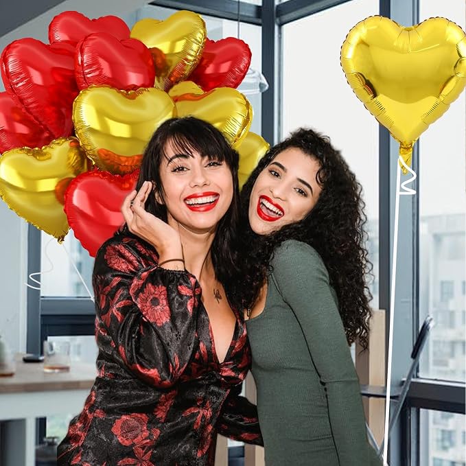 Gold-Red Heart Balloons, 18inch Gold Heart Shaped Foil Balloons & Red Foil - Image 5