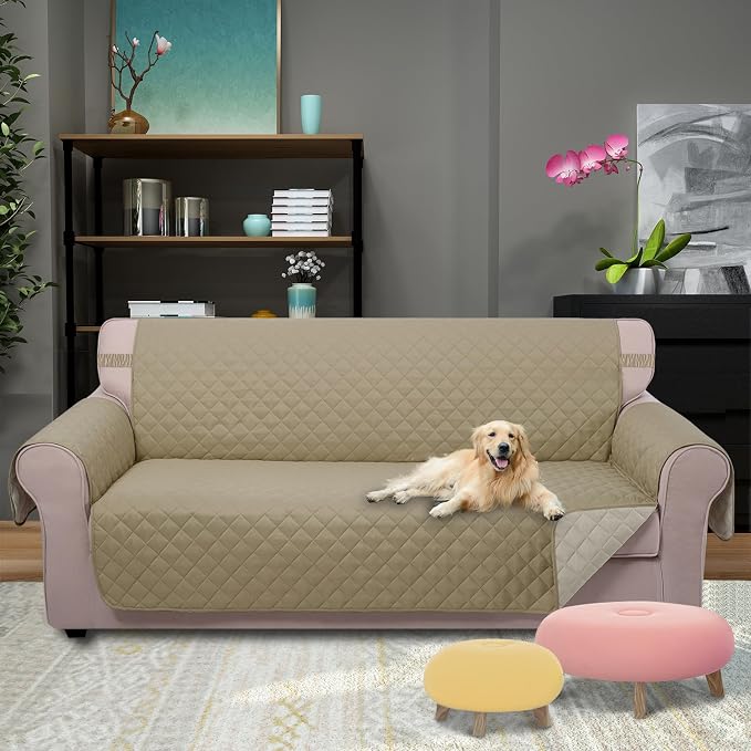 U-NICE HOME 4 Seater Sofa Cover 91''Large Couch Cover, Light Camel/Beige | - Image 2