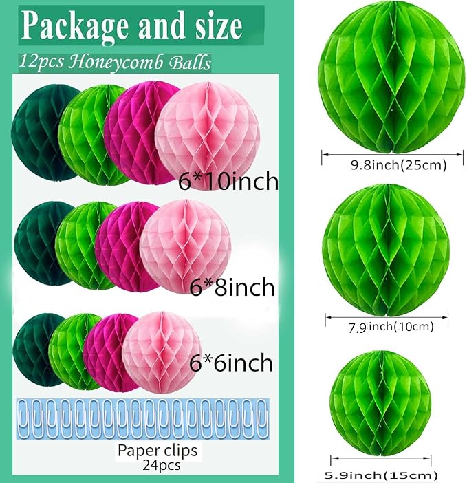 Hot Pink and Green Paper Honeycomb Balls, 6 and 10 inch Hanging Tissue Pompoms - Image 2