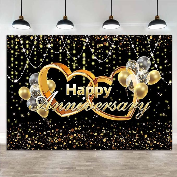 Happy Anniversary Backdrop Black and Gold Balloons Photography Background Poster - Image 3