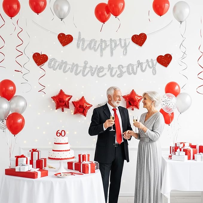 BEISHIDA Glitter Pre-Strung Silver Happy Anniversary Banner Decoration | NO DIY - Image 5
