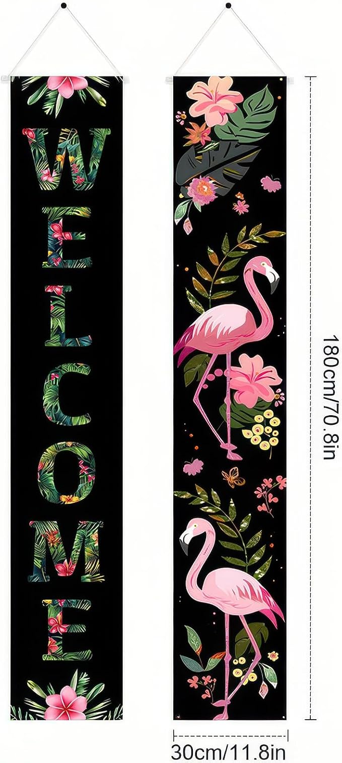 BlissYard 2pcs Black Pink Summer Door Banner Hawaiian Flamingo Porch Banners - Image 2